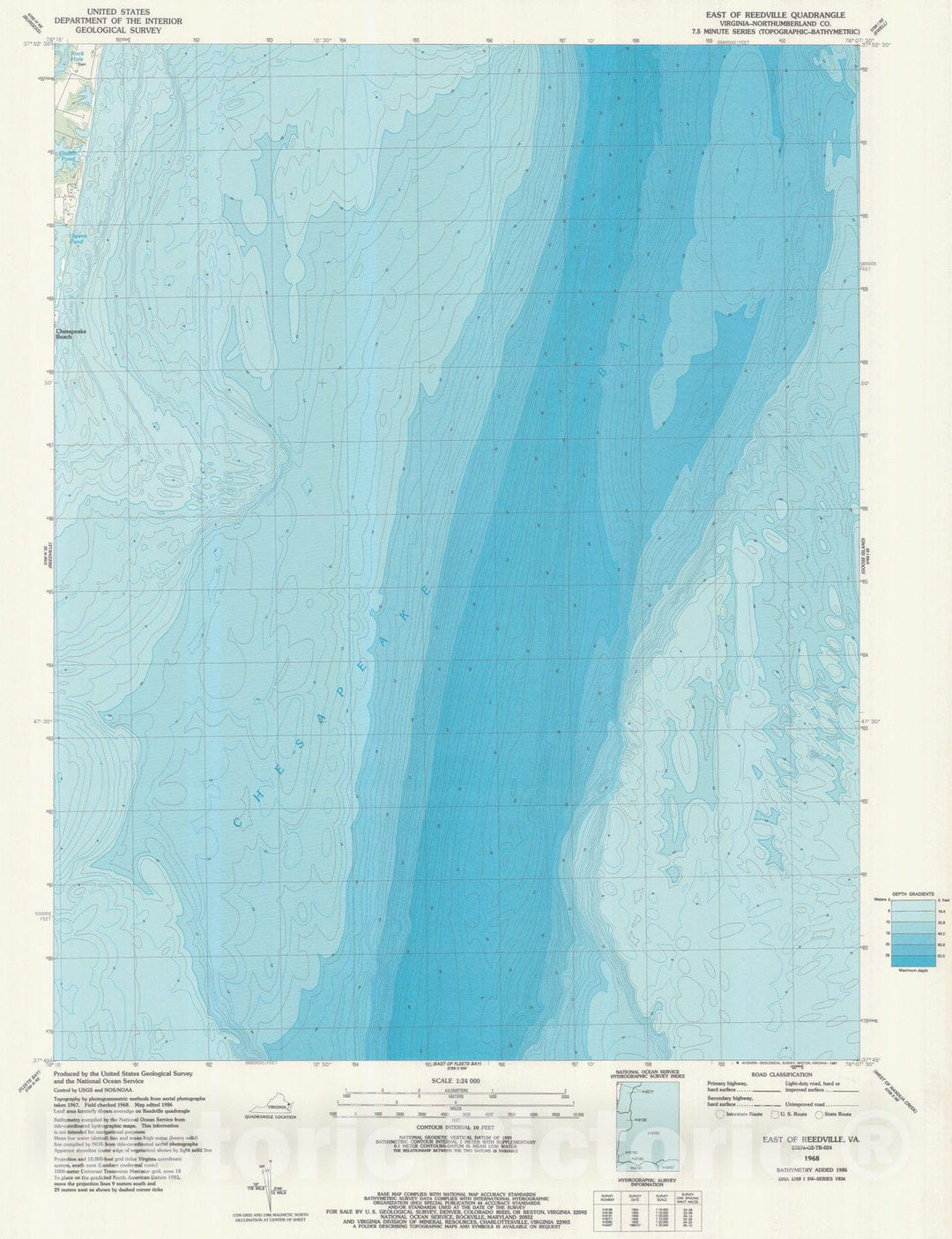 Historic Nautical Map - East Of Reedville, VA, 1968 NOAA Topographic Bathymetric Historic Nautical Map - Vintage Wall Art