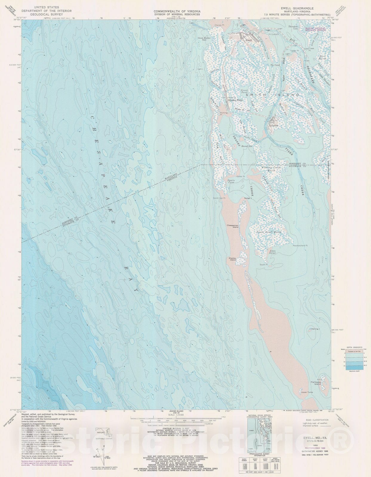 Historic Nautical Map - Ewell, VA, MD, 1986 NOAA Topographic Bathymetric Historic Nautical Map - Vintage Wall Art