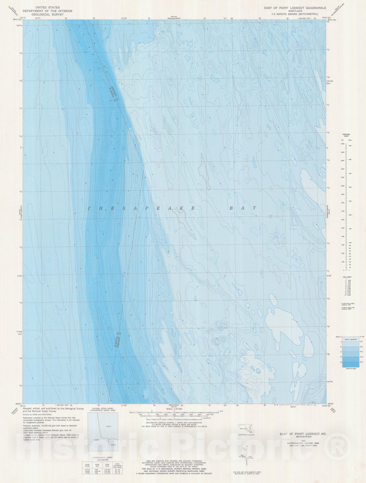 Historic Nautical Map - East Of Point Lookout, MD, 1982 NOAA Topographic Bathymetric Historic Nautical Map - Vintage Wall Art