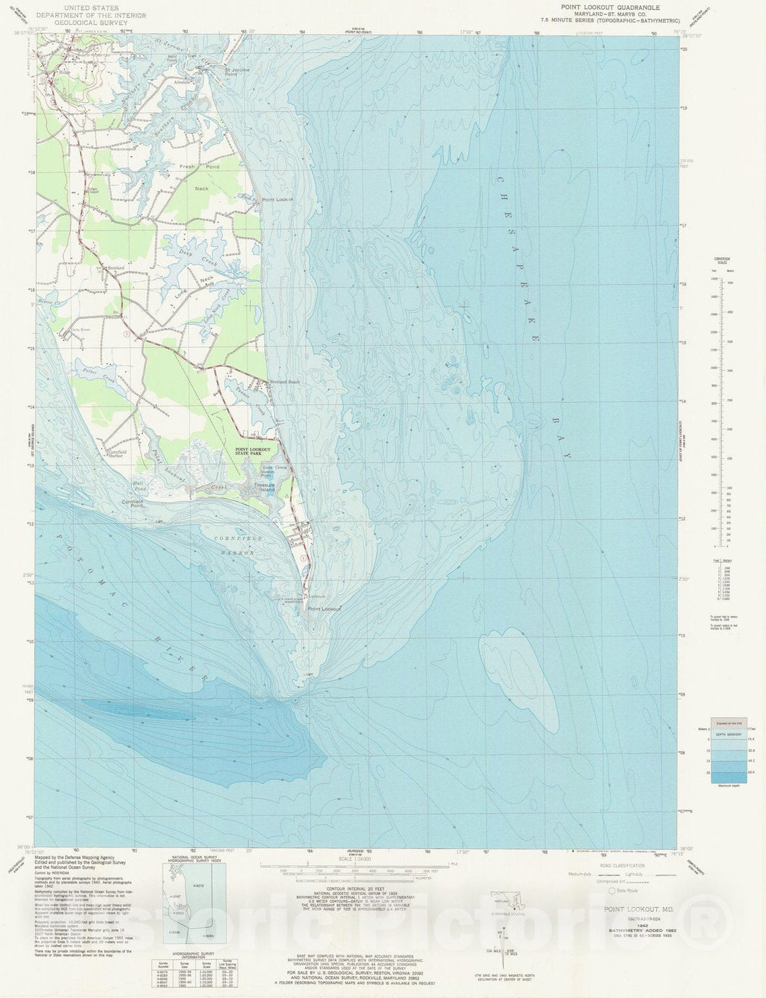 Historic Nautical Map - Point Lookout Md, MD, 1942 NOAA Topographic Bathymetric Historic Nautical Map - Vintage Wall Art