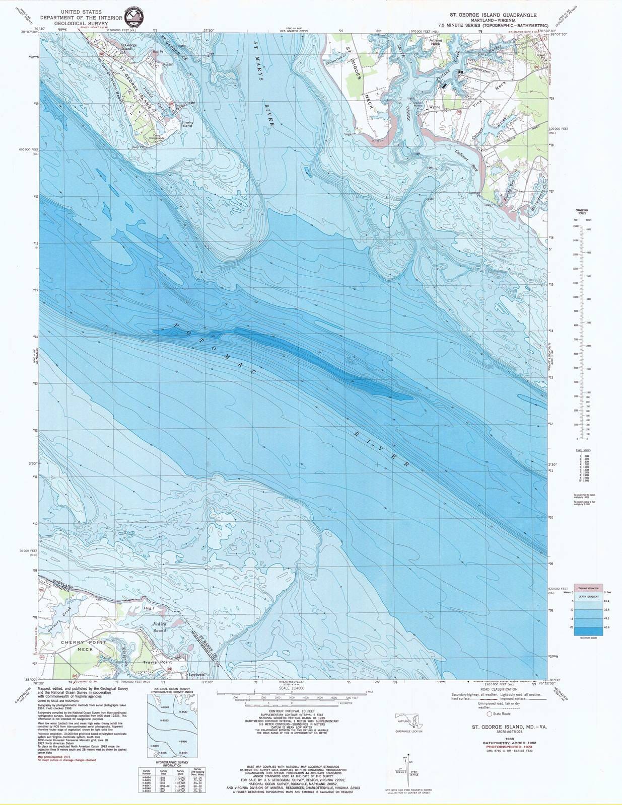 Historic Nautical Map - St George Island Md Va, MD, VA, 1982 NOAA Topographic Bathymetric Historic Nautical Map - Vintage Wall Art