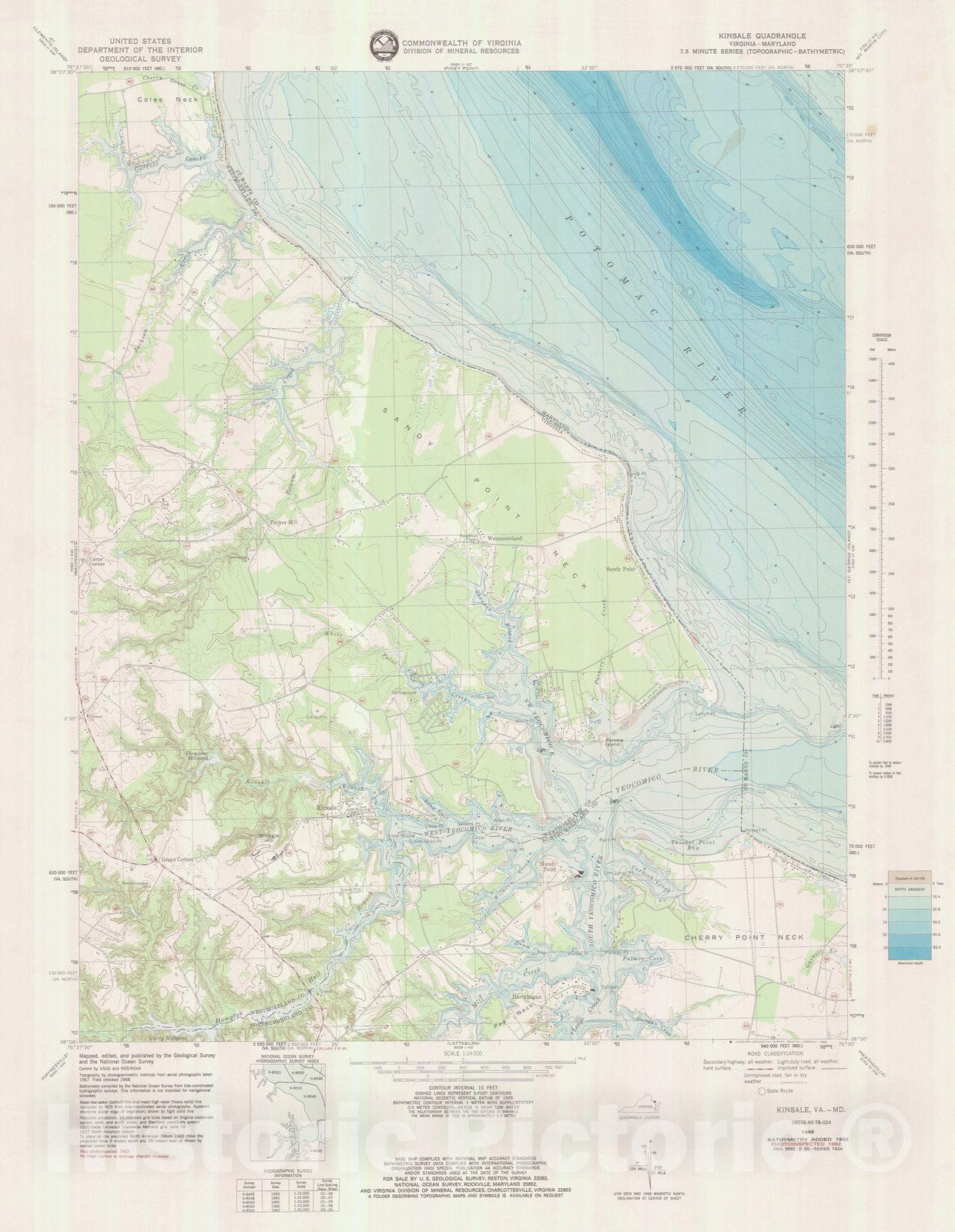 Historic Nautical Map - Kinsale, MD, VA, 1968 NOAA Topographic Bathymetric Historic Nautical Map - Vintage Wall Art