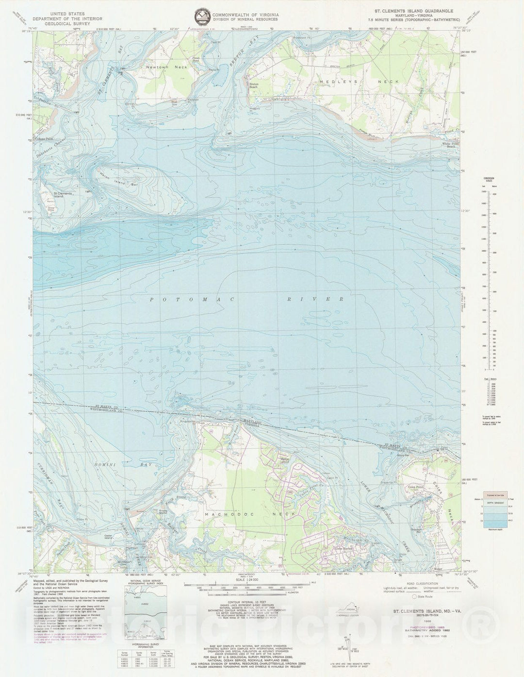 Historic Nautical Map - St Clements Island Md Va, MD, VA, 1983 NOAA Topographic Bathymetric Historic Nautical Map - Vintage Wall Art