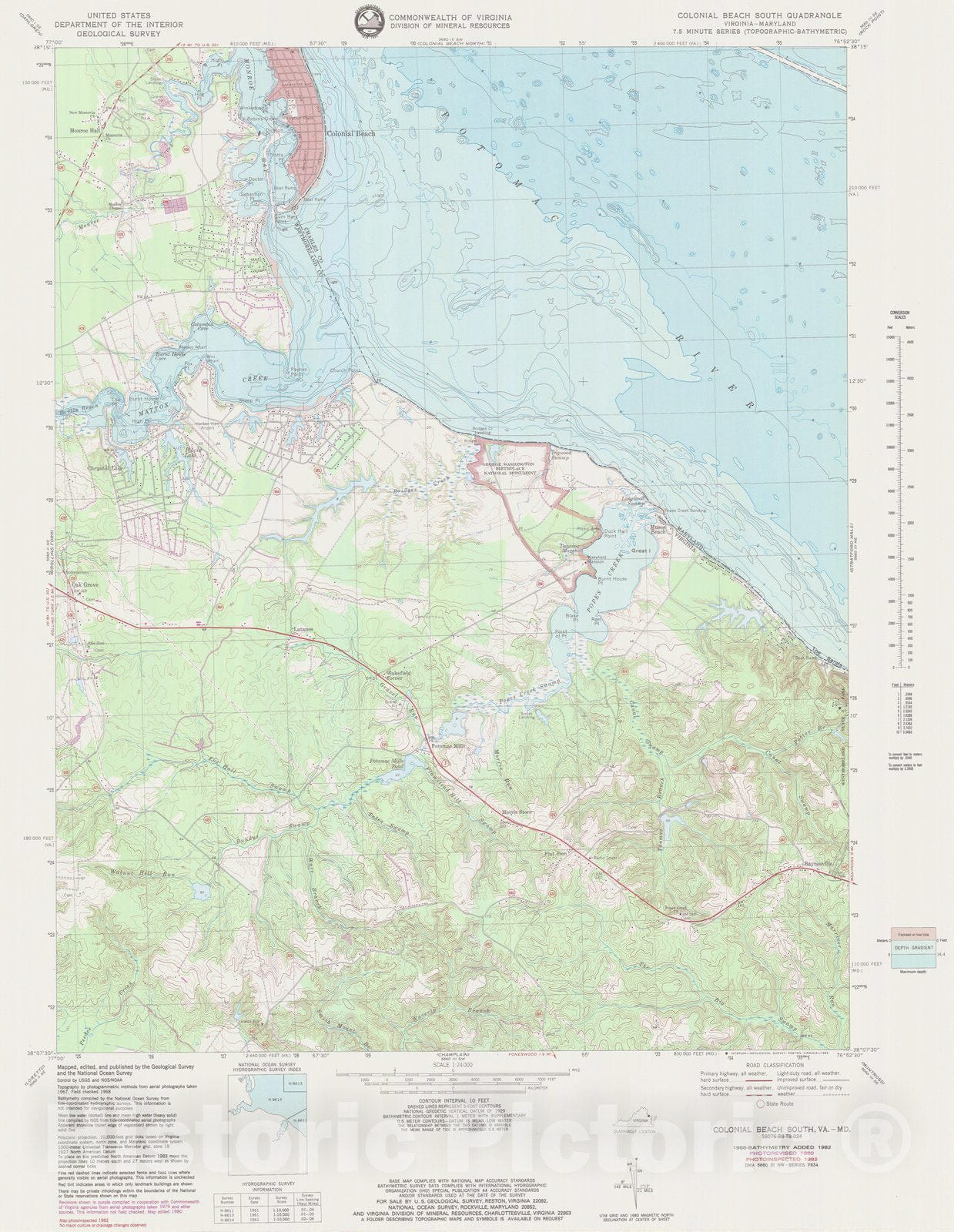 Historic Nautical Map - Colonial Beach South, MD, VA, 1980 NOAA Topographic Bathymetric Historic Nautical Map - Vintage Wall Art