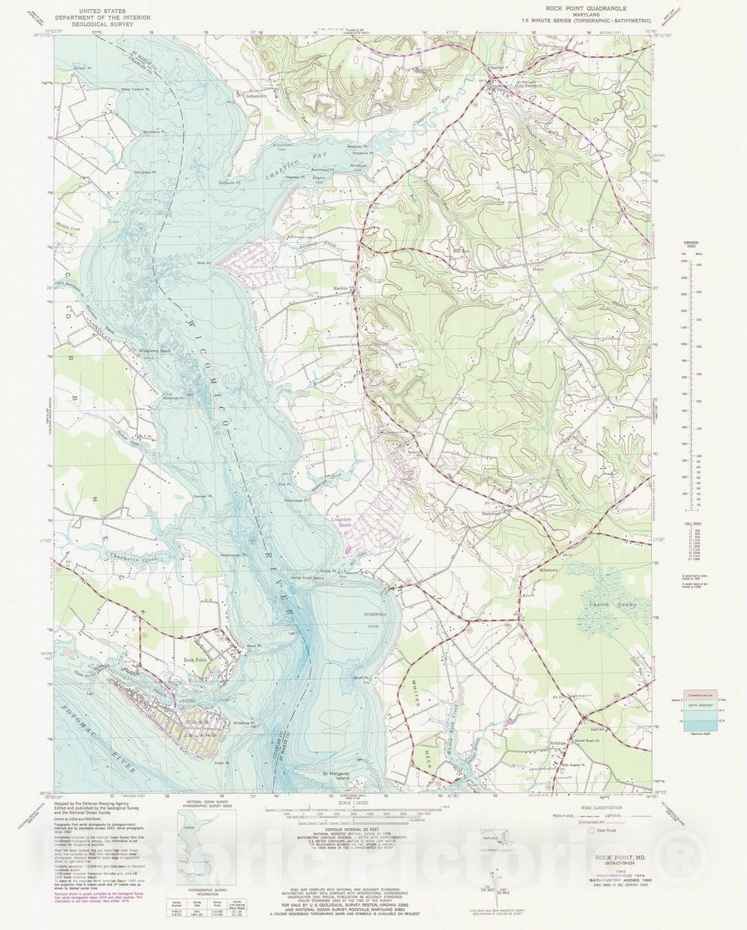 Historic Nautical Map - Rock Point Md, MD, 1974 NOAA Topographic Bathymetric Historic Nautical Map - Vintage Wall Art