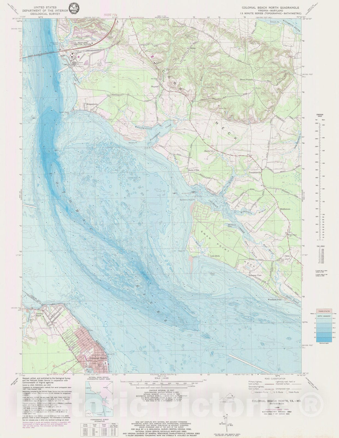 Historic Nautical Map - Colonial Beach North, MD, VA, 1983 NOAA Topographic Bathymetric Historic Nautical Map - Vintage Wall Art