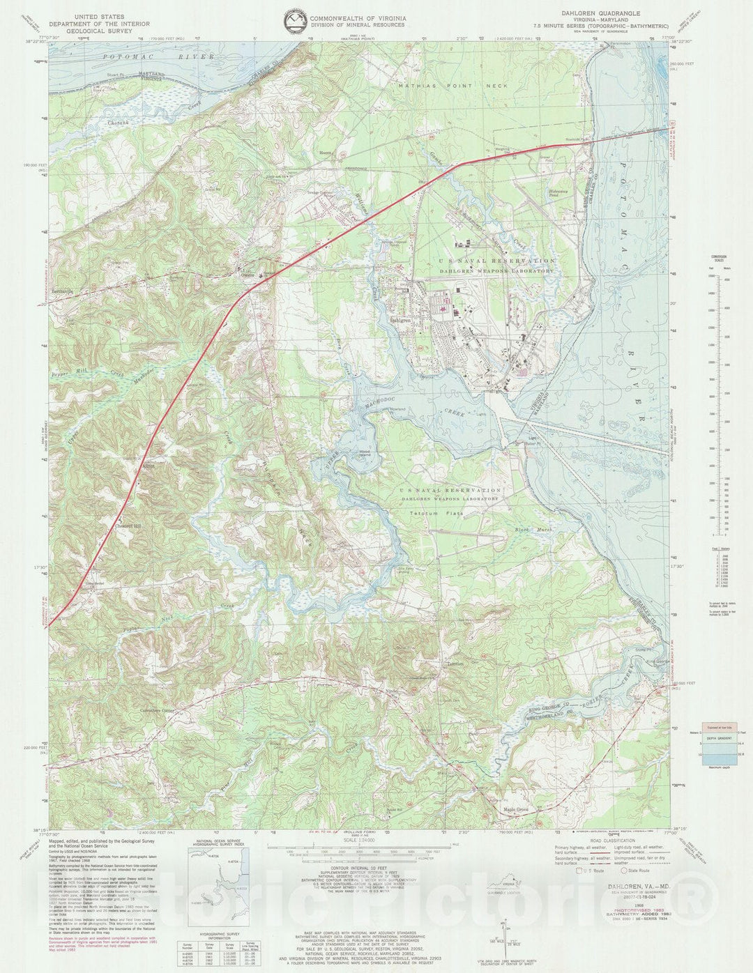 Historic Nautical Map - Dahlgren, MD, VA, 1983 NOAA Topographic Bathymetric Historic Nautical Map - Vintage Wall Art