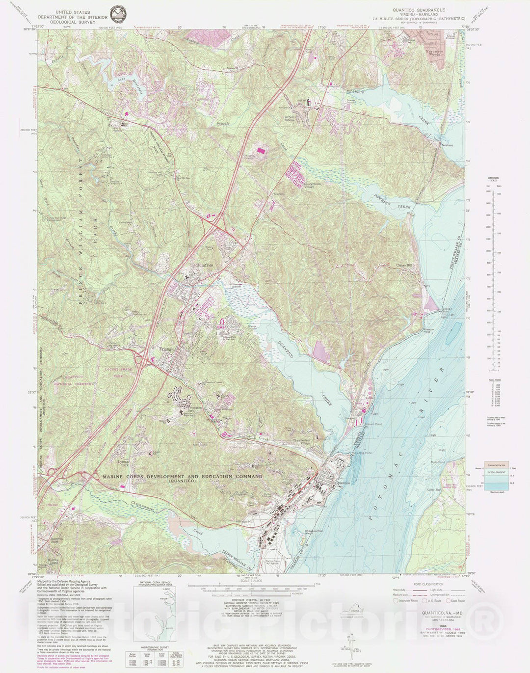 Historic Nautical Map - Quantico Va Md, MD, VA, 1983 NOAA Topographic Bathymetric Historic Nautical Map - Vintage Wall Art