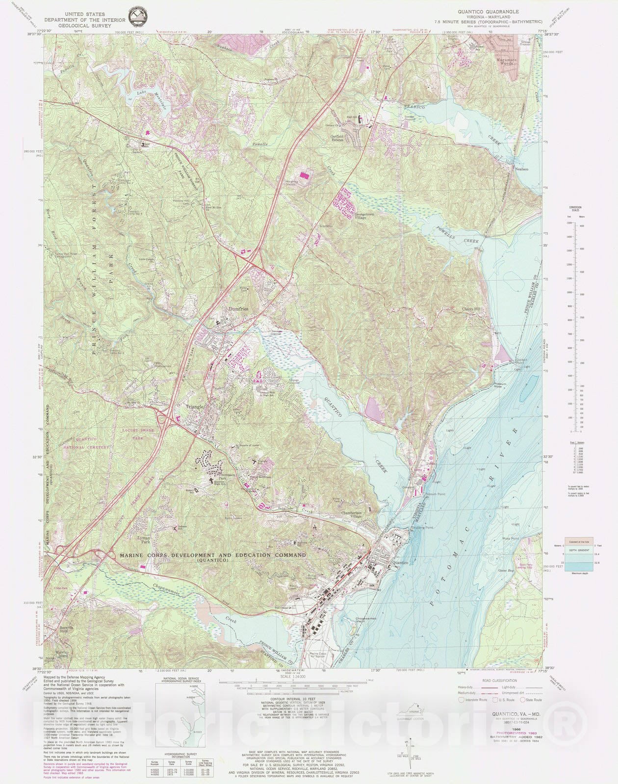 Historic Nautical Map - Quantico Va Md, MD, VA, 1983 NOAA Topographic Bathymetric Historic Nautical Map - Vintage Wall Art