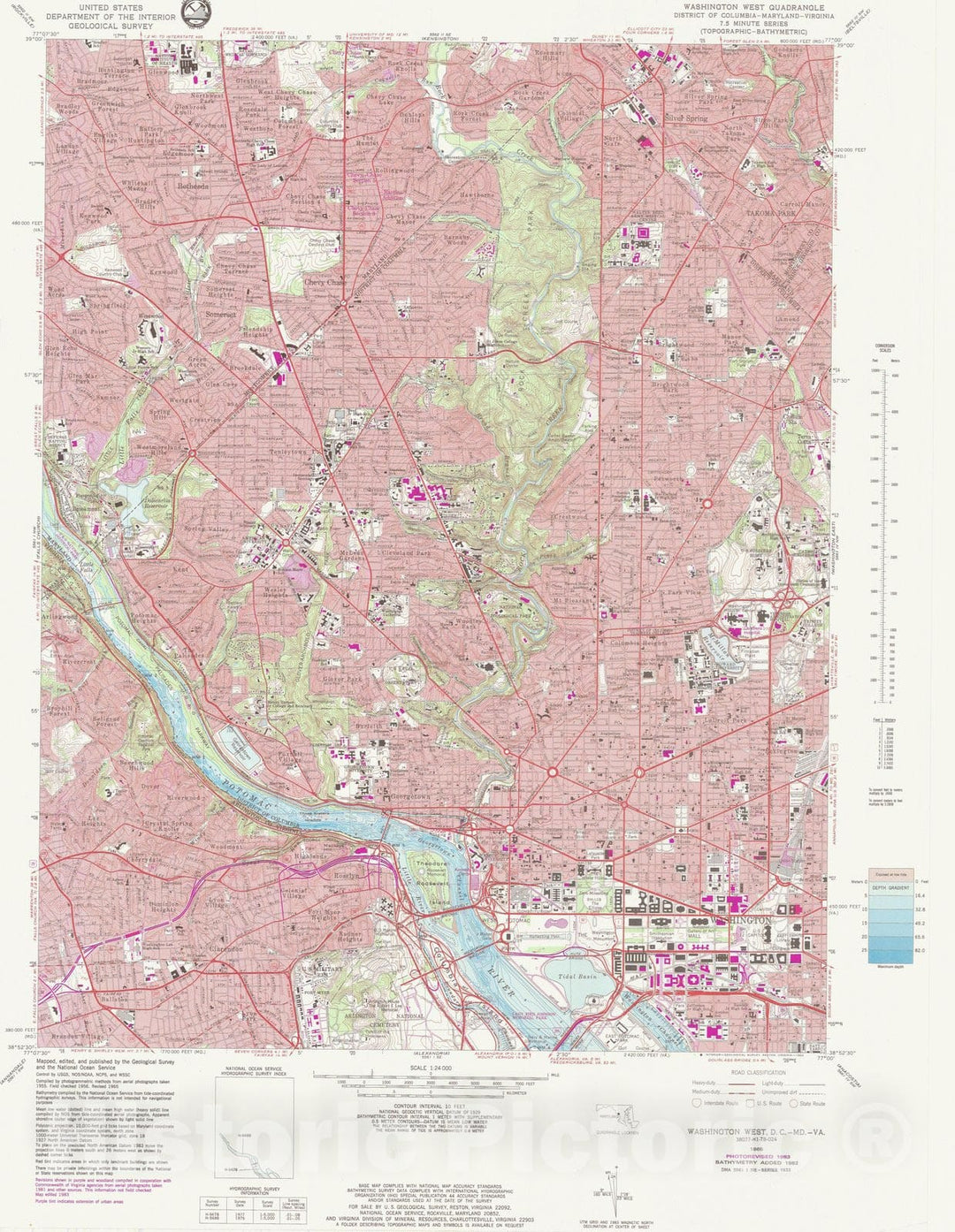 Historic Nautical Map - Washington West Dc Va Md, DC, MD, VA, 1983 NOAA Topographic Bathymetric Historic Nautical Map - Vintage Wall Art