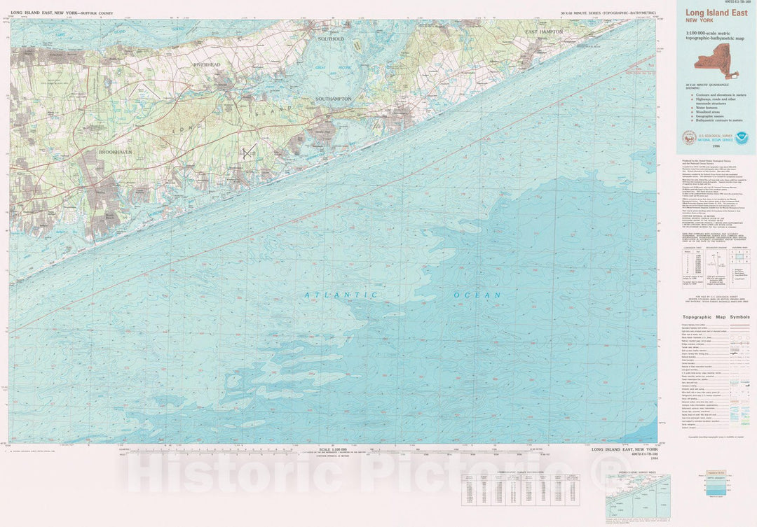 Historic Nautical Map - Long Island East, NY, 1984 NOAA Topographic Bathymetric Historic Nautical Map - Vintage Wall Art