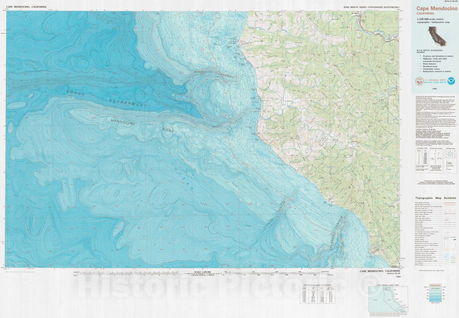 Historic Nautical Map - Cape Mendocino, CA, 1989 NOAA Topographic Bathymetric Historic Nautical Map - Vintage Wall Art