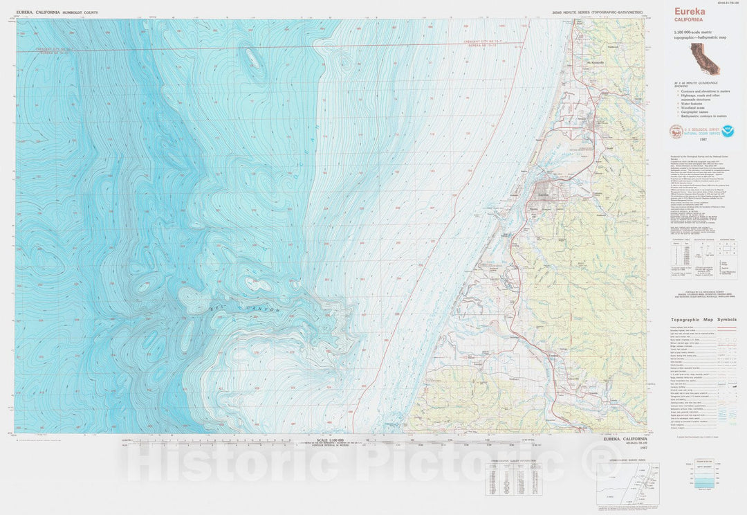 Historic Nautical Map - Eureka, CA, 1987 NOAA Topographic Bathymetric Historic Nautical Map - Vintage Wall Art