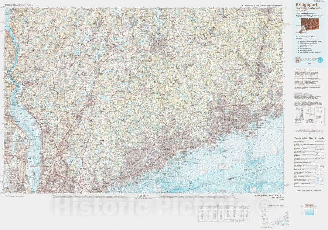 Historic Nautical Map - Bridgeport, NJ, NY, CT, 1986 NOAA Topographic Bathymetric Historic Nautical Map - Vintage Wall Art