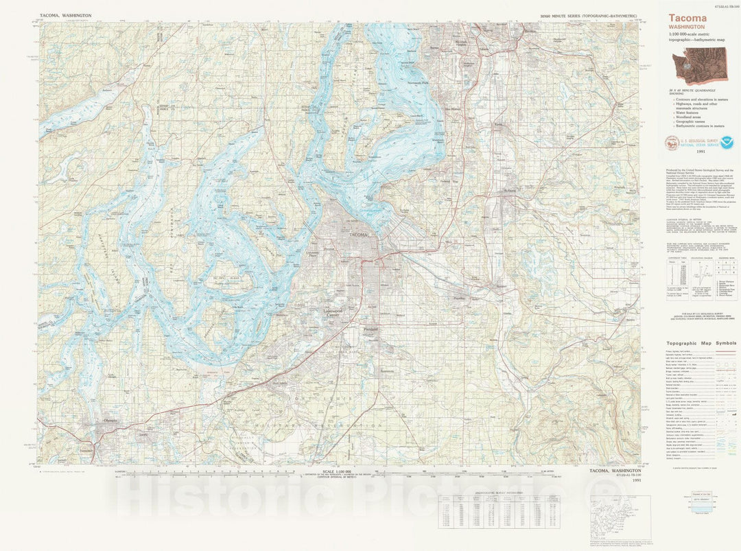 Historic Nautical Map - Tacoma, WA, 1991 NOAA Topographic Bathymetric Historic Nautical Map - Vintage Wall Art