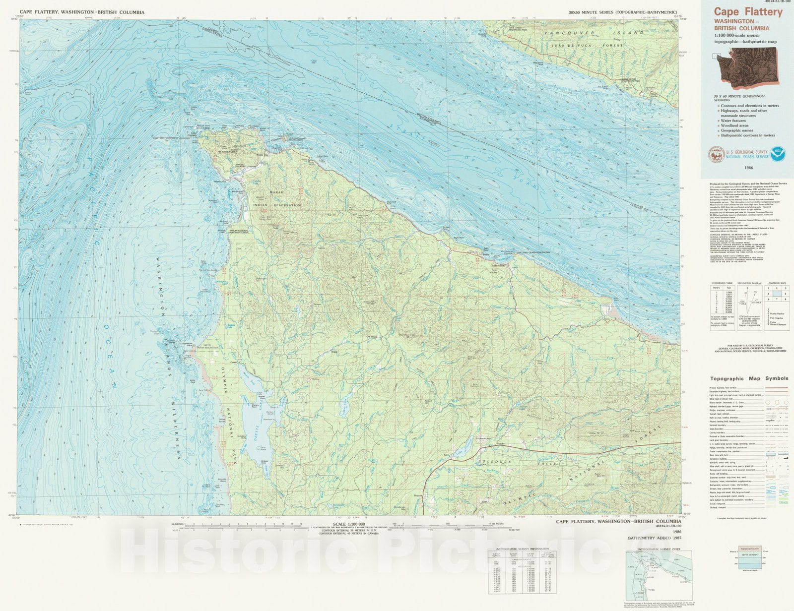 Historic Nautical Map - Cape Flattery, WA, 1986 NOAA Topographic Bathymetric Historic Nautical Map - Vintage Wall Art