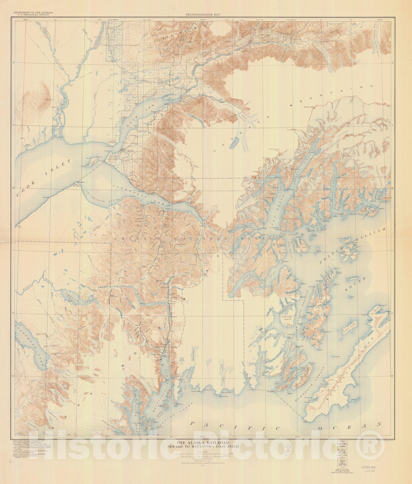 Historic Nautical Map - The Alaska Railroad Seward To Matanuska Coal Field, AK, 1924 NOAA Topographic - Vintage Wall Art