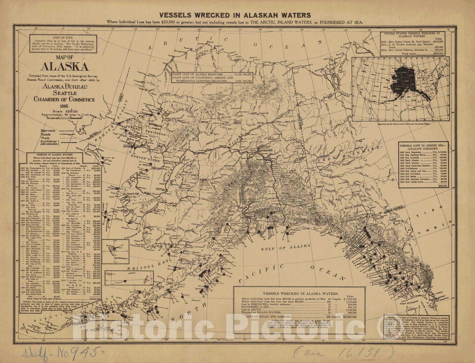 Historic Nautical Map - Vessels Wrecked In Alaskan Waters, AK, 1916 NOAA Cartographic - Vintage Wall Art