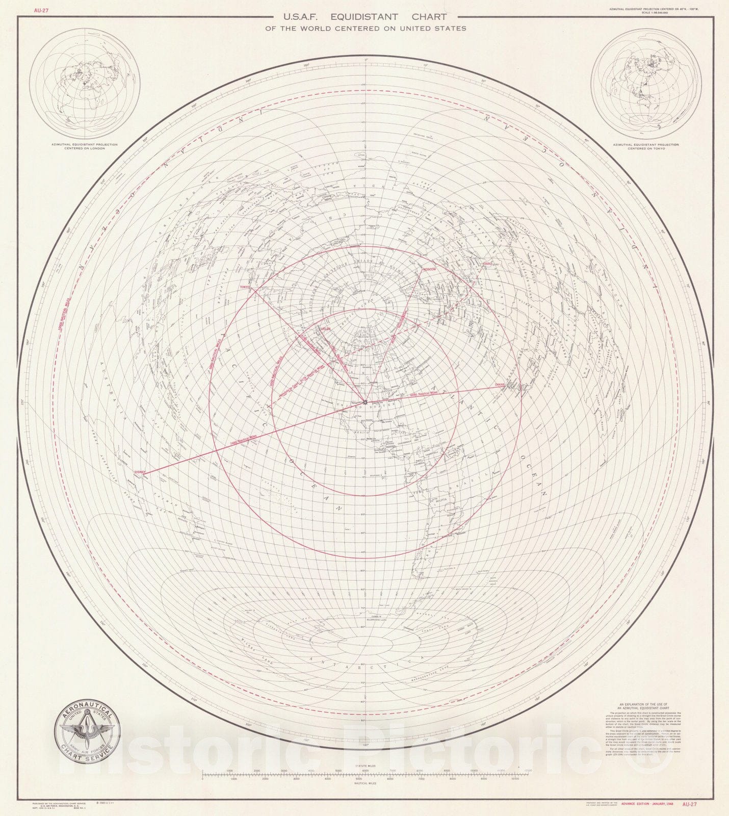 Historic Nautical Map - Usaf Equidistant Chart Of The World Centered On United States, OTHER, 1948 AeroNOAA Chart - Vintage Wall Art