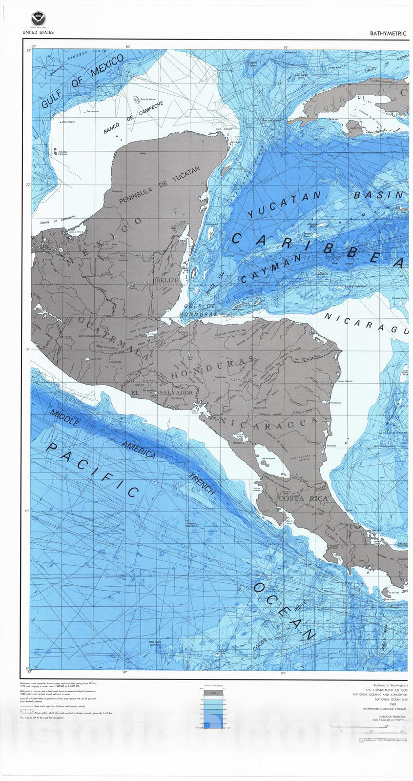 Historic Nautical Map - Caribbean Region, OTHER, 1981 NOAA Bathymetric Historic Nautical Map - Vintage Wall Art