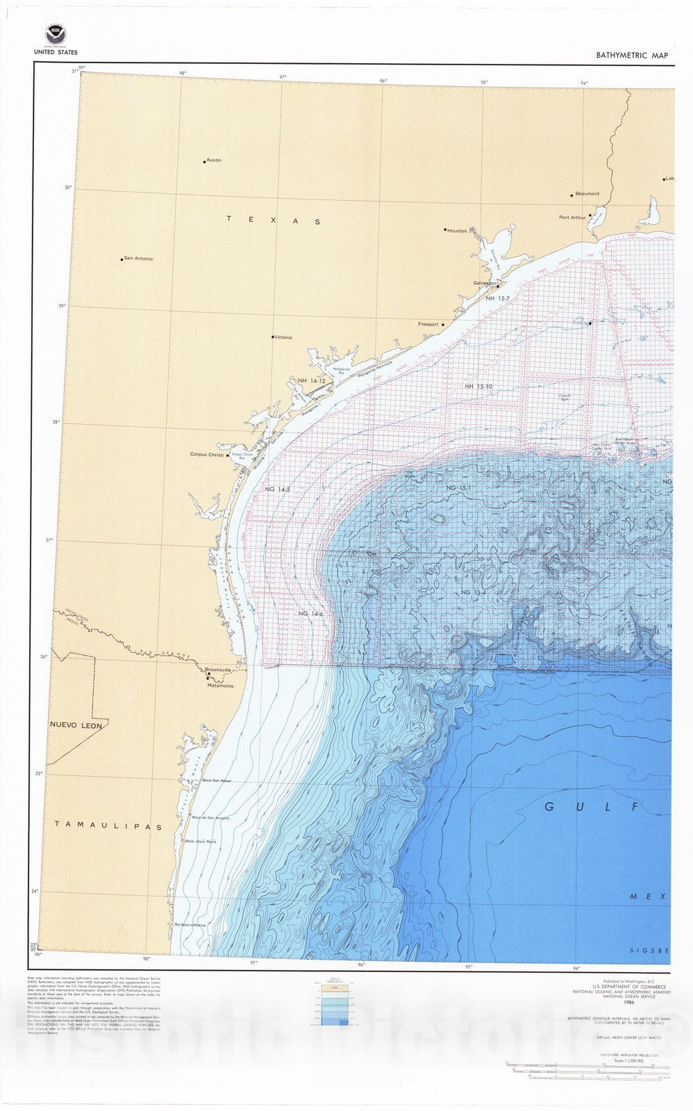 Historic Nautical Map - Western Gulf Of Mexico Pt. 1, TX, 1986 NOAA Bathymetric Historic Nautical Map - Vintage Wall Art