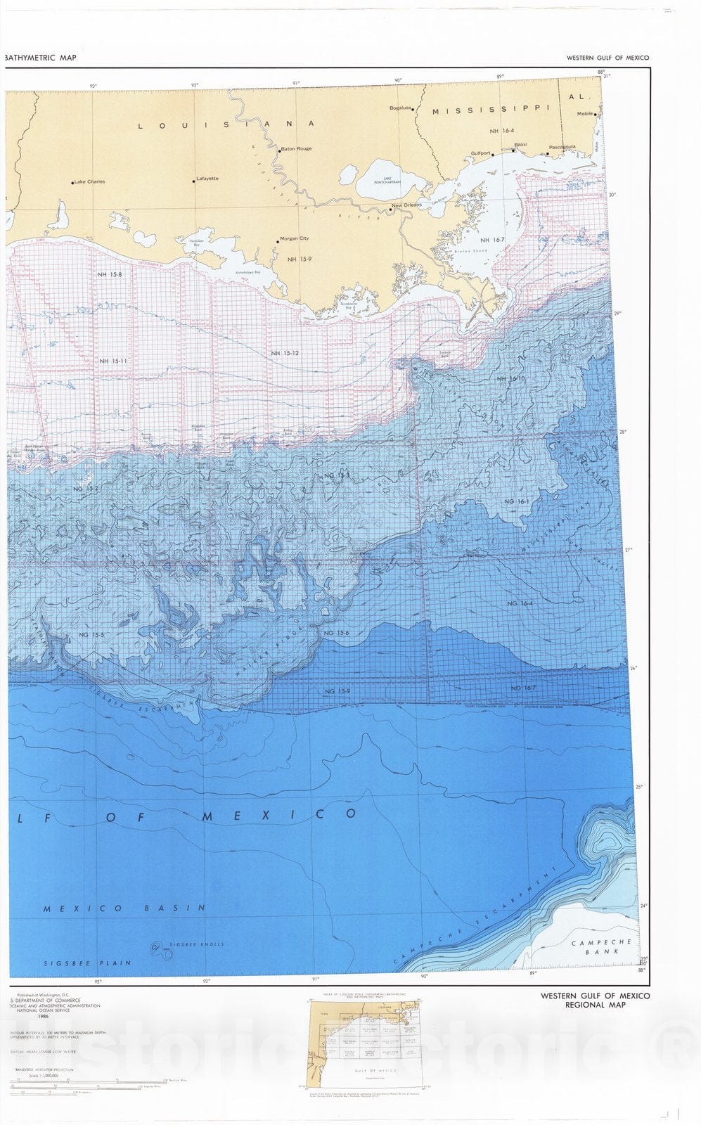 Historic Nautical Map - Western Gulf Of Mexico Pt. 2, AL, MS, LA, 1986 NOAA Bathymetric Historic Nautical Map - Vintage Wall Art