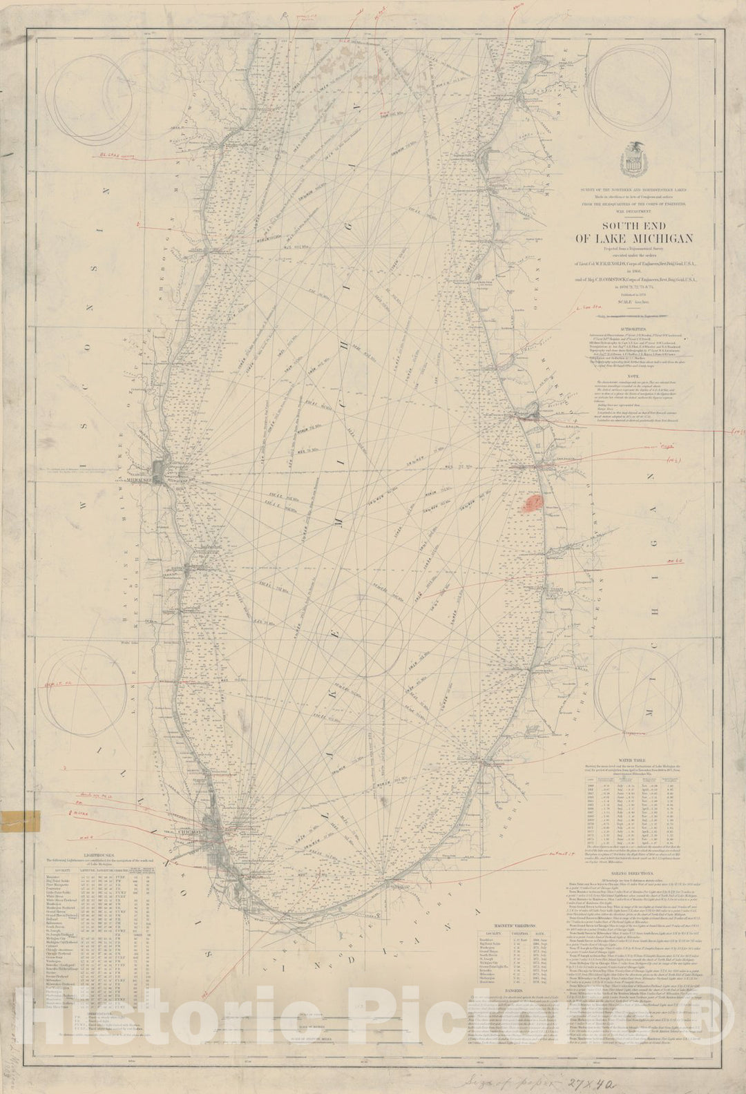 Historic Nautical Map - South End Of Lake Michigan, MI, WI, 1876 NOAA Chart - Vintage Wall Art