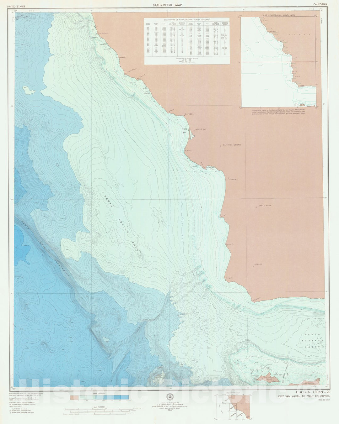 Historic Nautical Map - Cape San Martin To Point Conception, CA, 1967 NOAA Bathymetric Historic Nautical Map - Vintage Wall Art