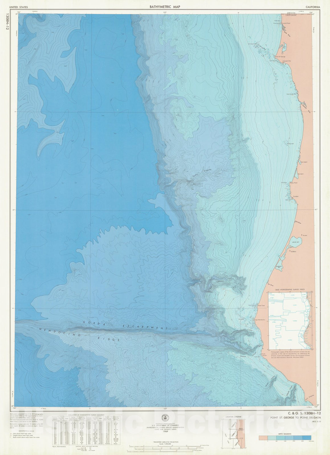 Historic Nautical Map - Point St George To Point Delgada, CA, 1969 NOAA Bathymetric Historic Nautical Map - Vintage Wall Art