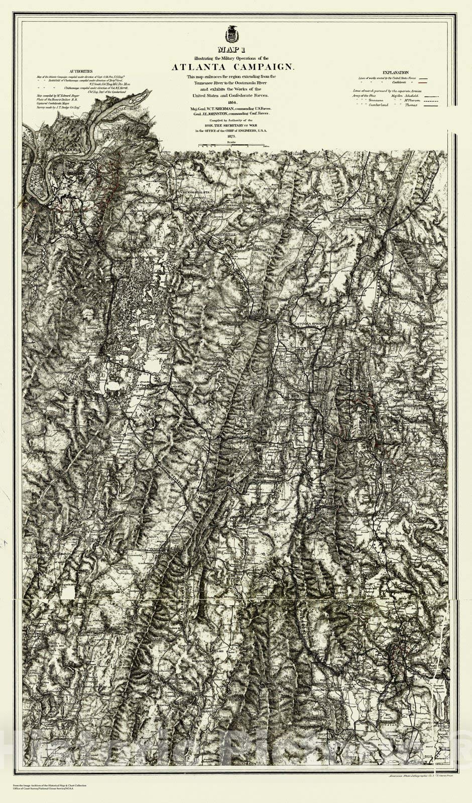 Historic Nautical Map - Atlanta Campaign, Region From Tennessee River To Oostanaula River, 1 Of 5, GA, 1875 NOAA Civil War - Vintage Wall Art