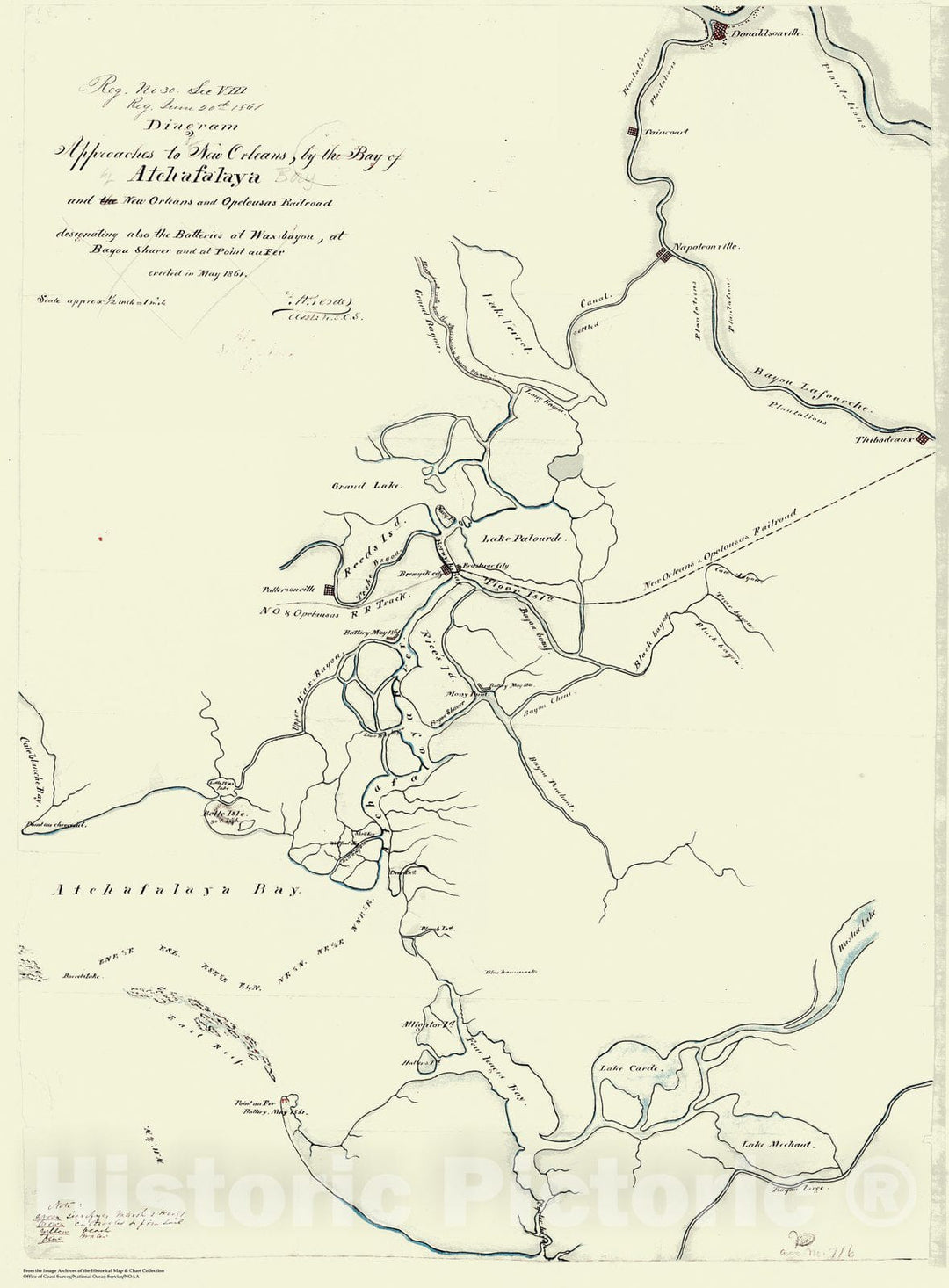 Historic Nautical Map - Diagram Of The Approaches To New Orleans, By The Bay Of Atachafalaya, LA, 1861 Civil War Historic Nautical Map - Vintage Wall Art