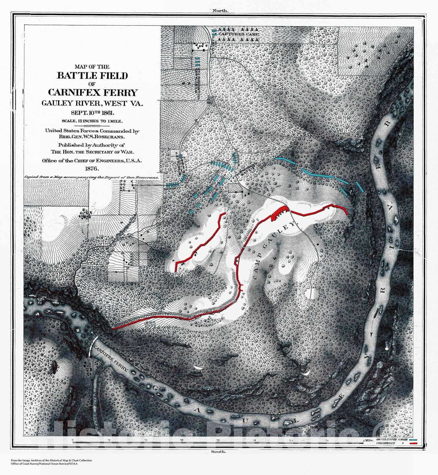 Historic Nautical Map - Map Of The Battle Field Of Carnifex Ferry, Gauley River, West Va, WV, 1876 Civil War Historic Nautical Map - Vintage Wall Art