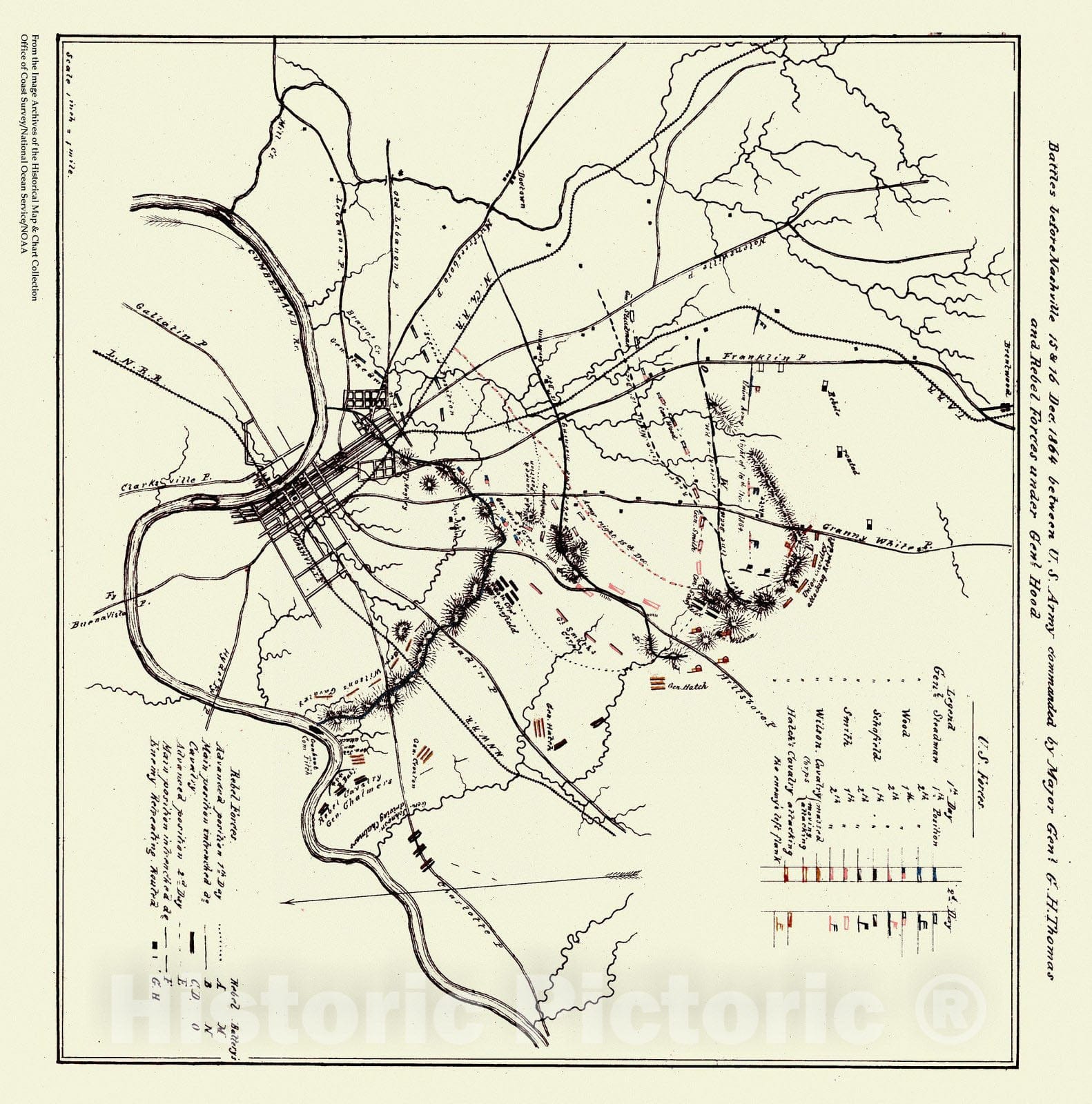 Historic Nautical Map - Battles Before Nashville, 15 & 16 Dec, 1864, TN, 1865 NOAA Civil War - Vintage Wall Art