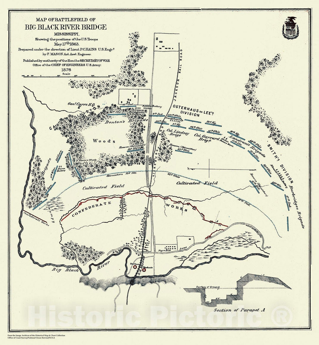 Historic Nautical Map - Big Black River Bridge, MS, 1876 Civil War Historic Nautical Map - Vintage Wall Art