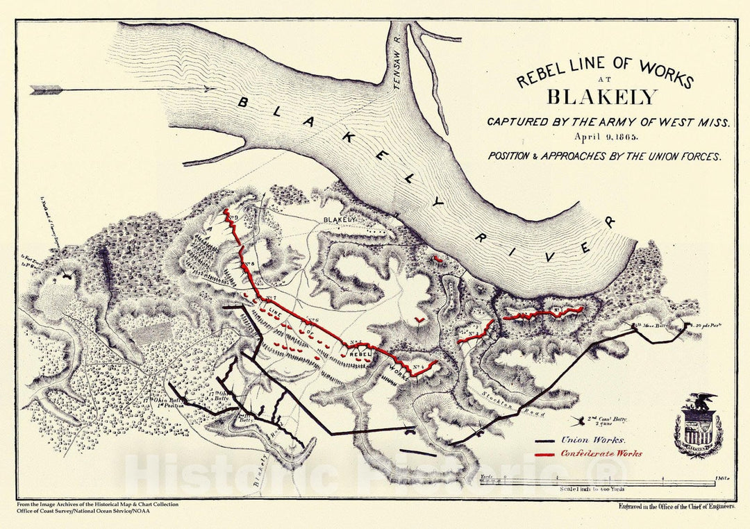 Historic Nautical Map - Rebel Line Of Works At Blakely, AL, 1865 Civil War Historic Nautical Map - Vintage Wall Art