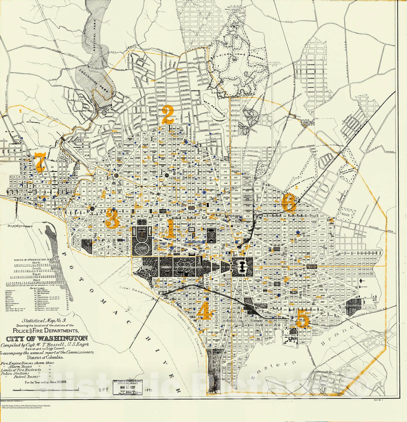 Historic Nautical Map - Statistical Map No.9 Showing The Location Of The Stations Of The Police And Fire Departments, City Of Washington, DC, 1891 NOAA City Plan - Decor Poster Wall Art Reproduction - 0