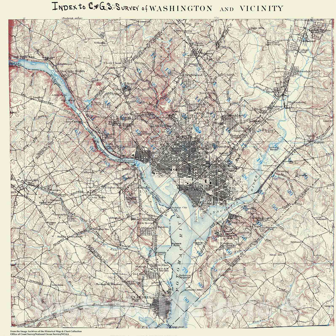 Historic Nautical Map - Index To C & Gs, Survey Of Washington And Vicinity, DC, MD, VA, 1888 NOAA Topographic - Vintage Wall Art