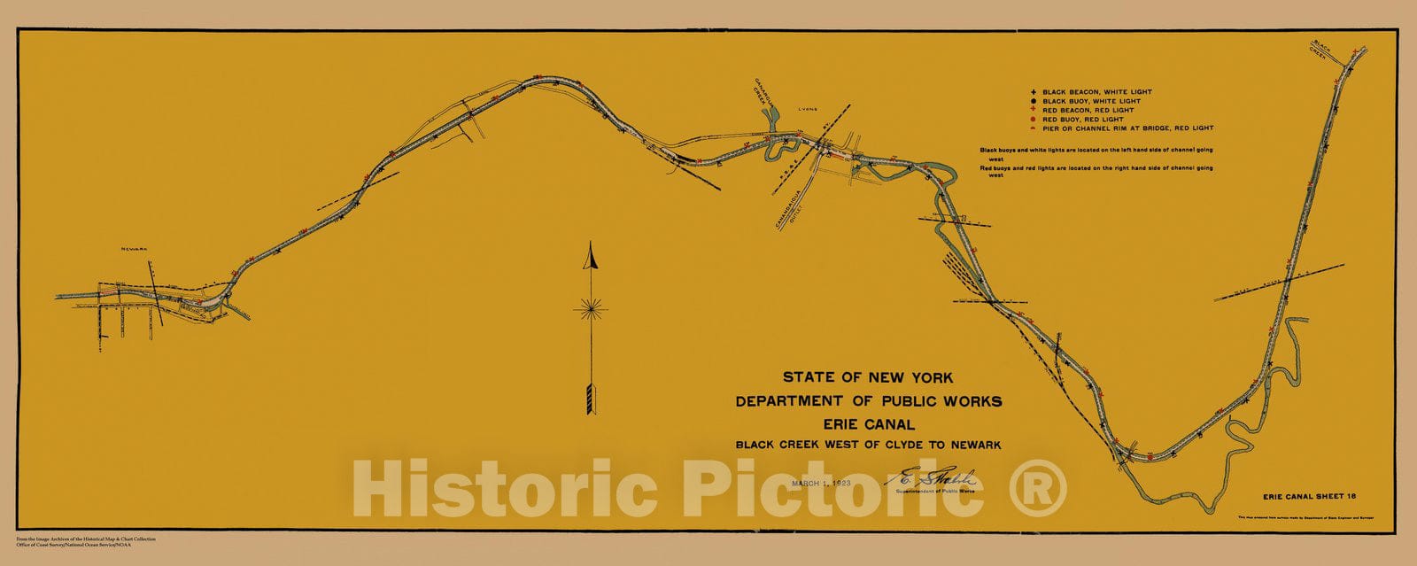 Historic Nautical Map - Map Of Erie Canal From Black Creek West Of Clyde To Newark Sheet 18, NY, 1923 NOAA Chart - Vintage Wall Art