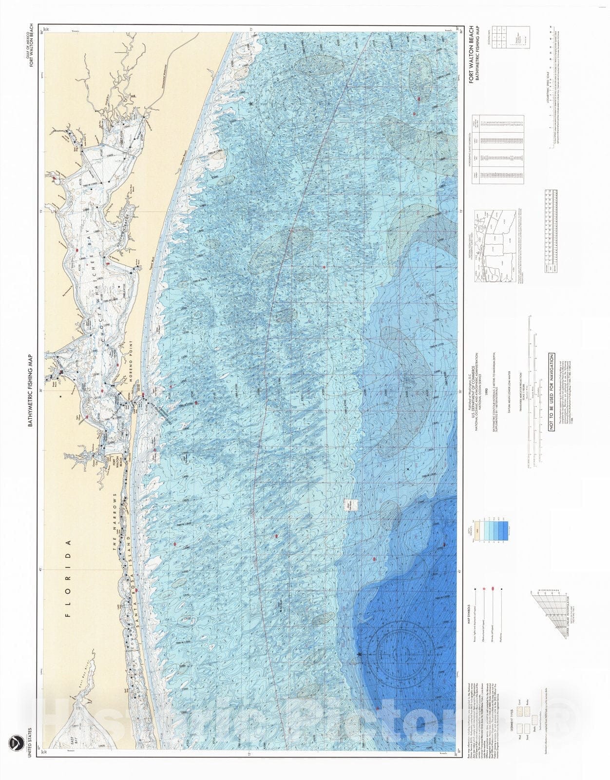 Historic Nautical Map - Fort Walton Beach, FL, 1990 NOAA Bathymetric Map-Fishing - Vintage Wall Art