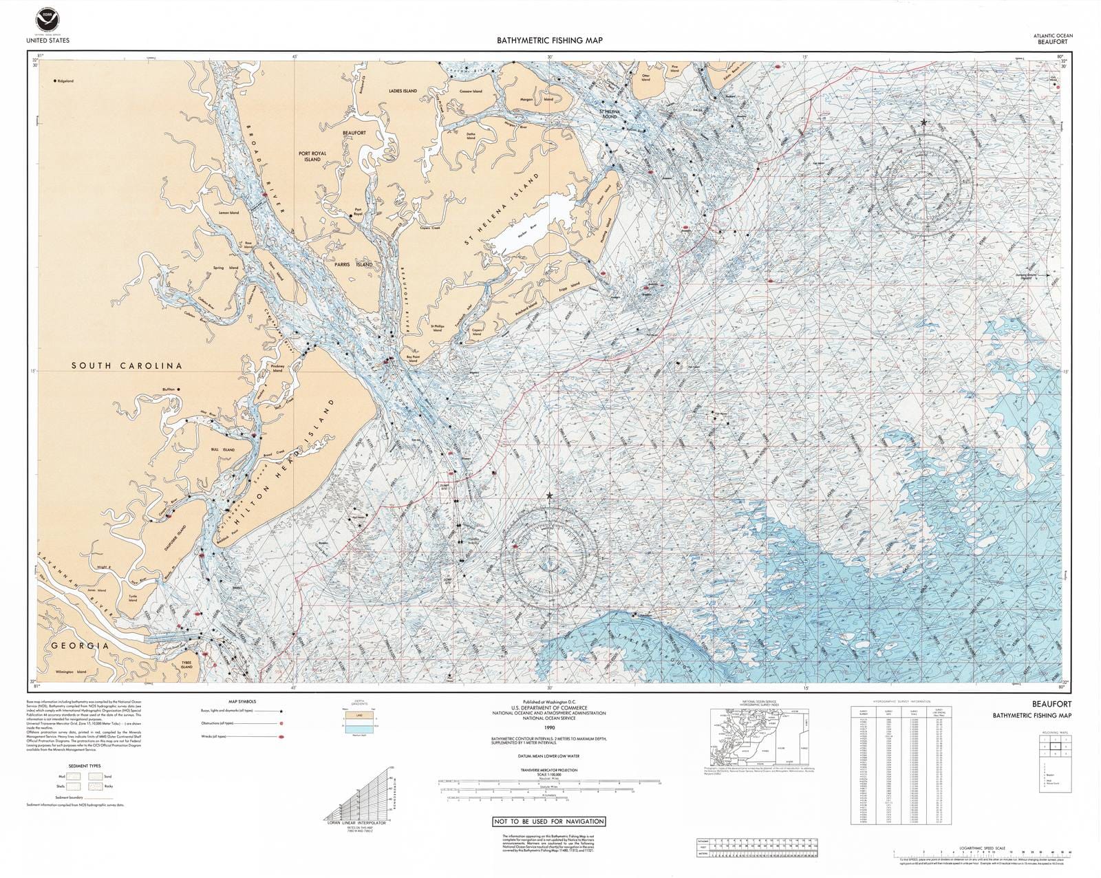 Historic Nautical Map - Beaufort, SC, 1990 NOAA Bathymetric Map-Fishing - Vintage Wall Art