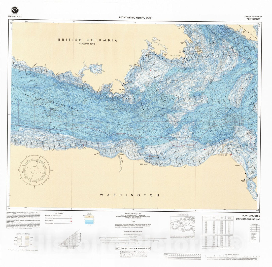 Historic Nautical Map - Port Angeles, WA, 1990 NOAA Bathymetric Map-Fishing - Vintage Wall Art