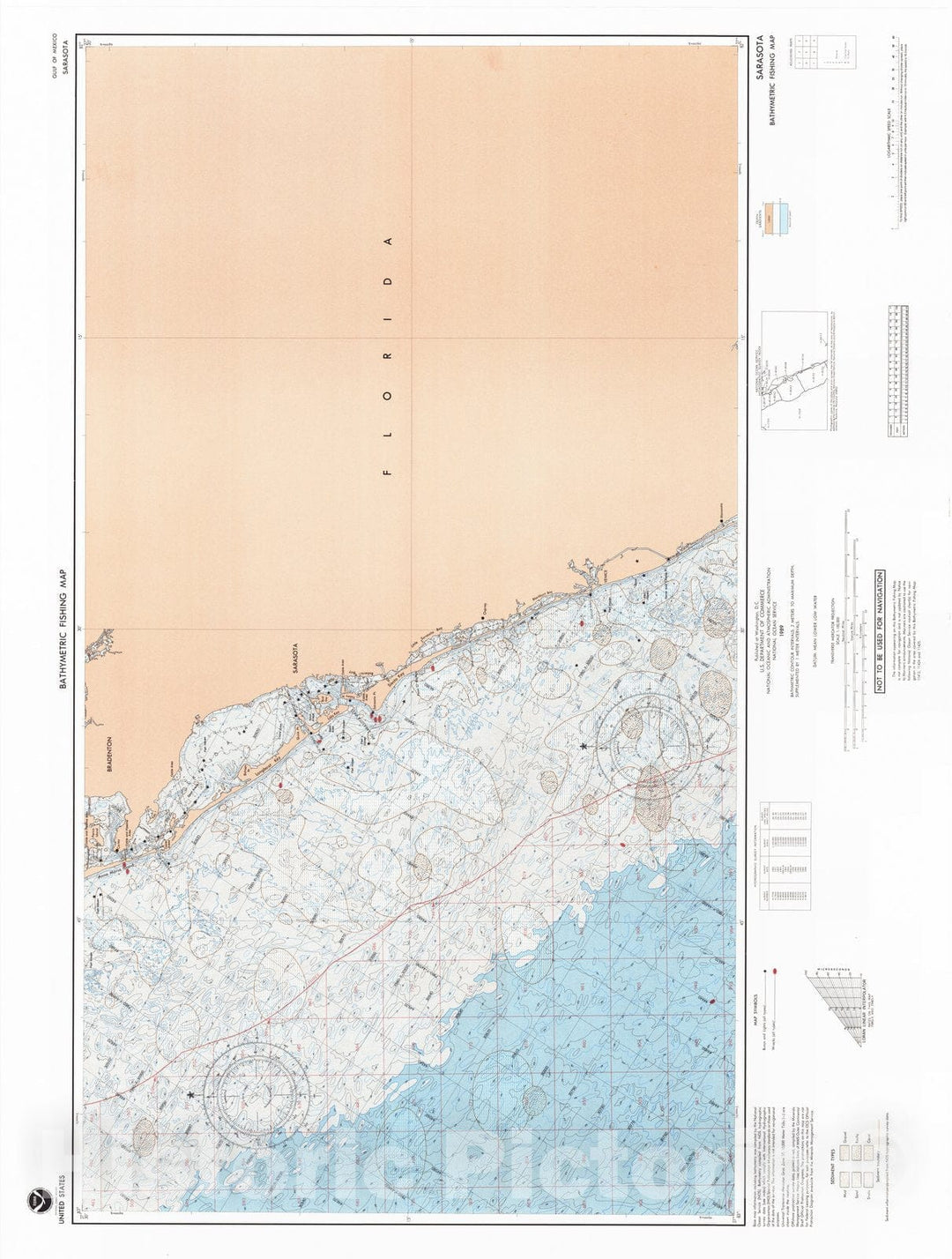 Historic Nautical Map - Sarasota, FL, 1989 NOAA Bathymetric Map-Fishing - Vintage Wall Art