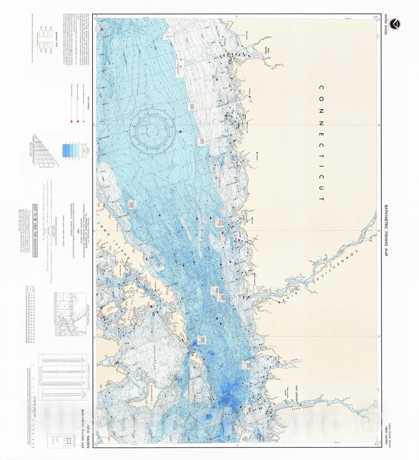 Historic Nautical Map - New Haven, CT, 1989 NOAA Bathymetric Map-Fishing - Vintage Wall Art