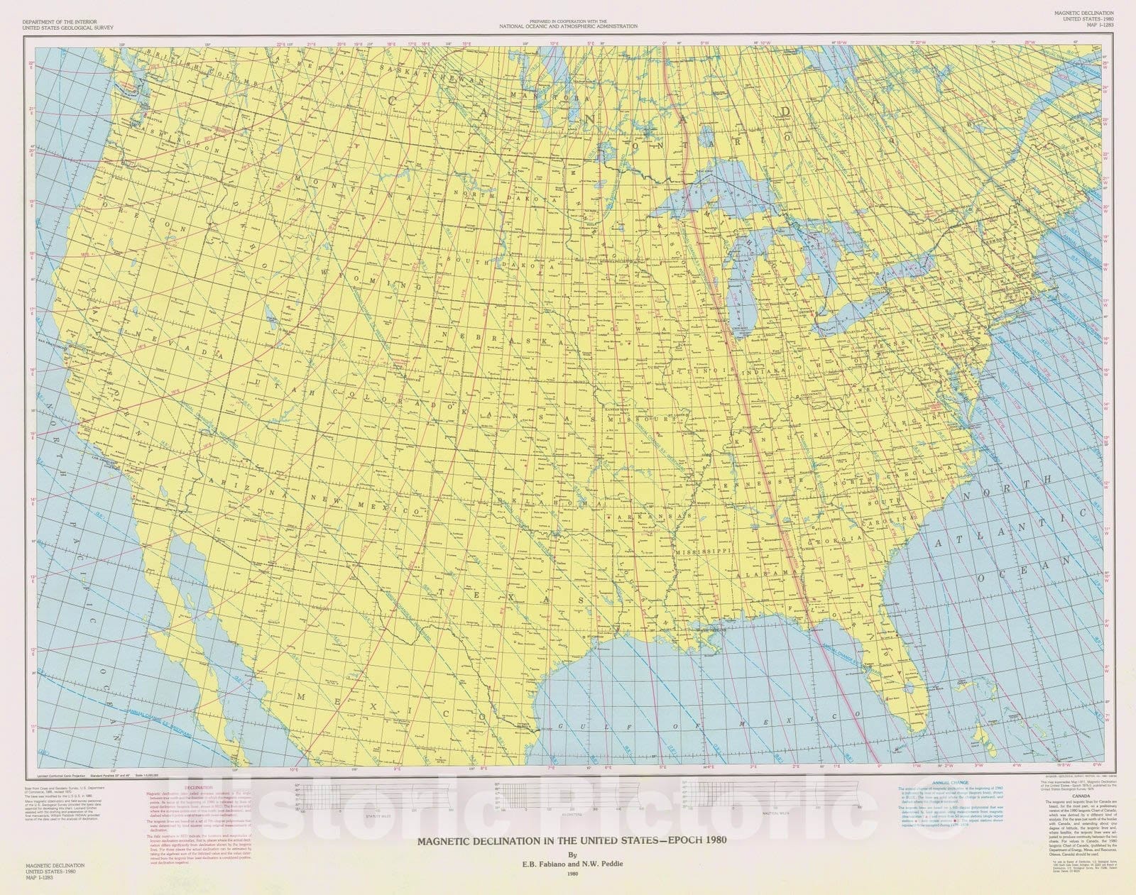 Historic Nautical Map - Magnetic Declination In The United States Epoch 1980, CA, ME, WA, FL, 1980 NOAA Magnetic - Vintage Wall Art