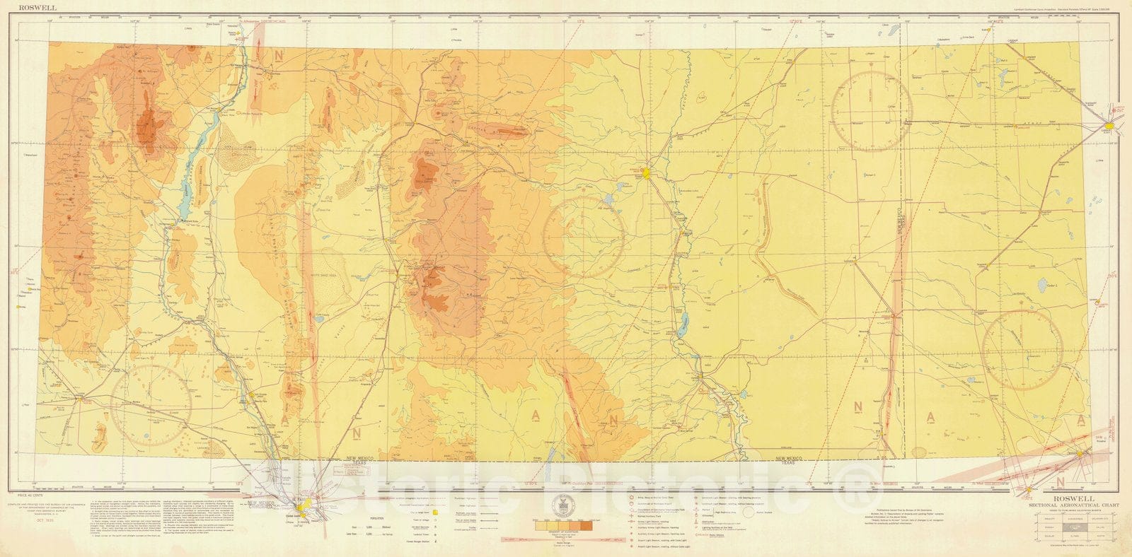 Historic Nautical Map - Roswell Sectional Aeronautical Chart, TX, NM, 1935 AeroNOAA Chart - Vintage Wall Art