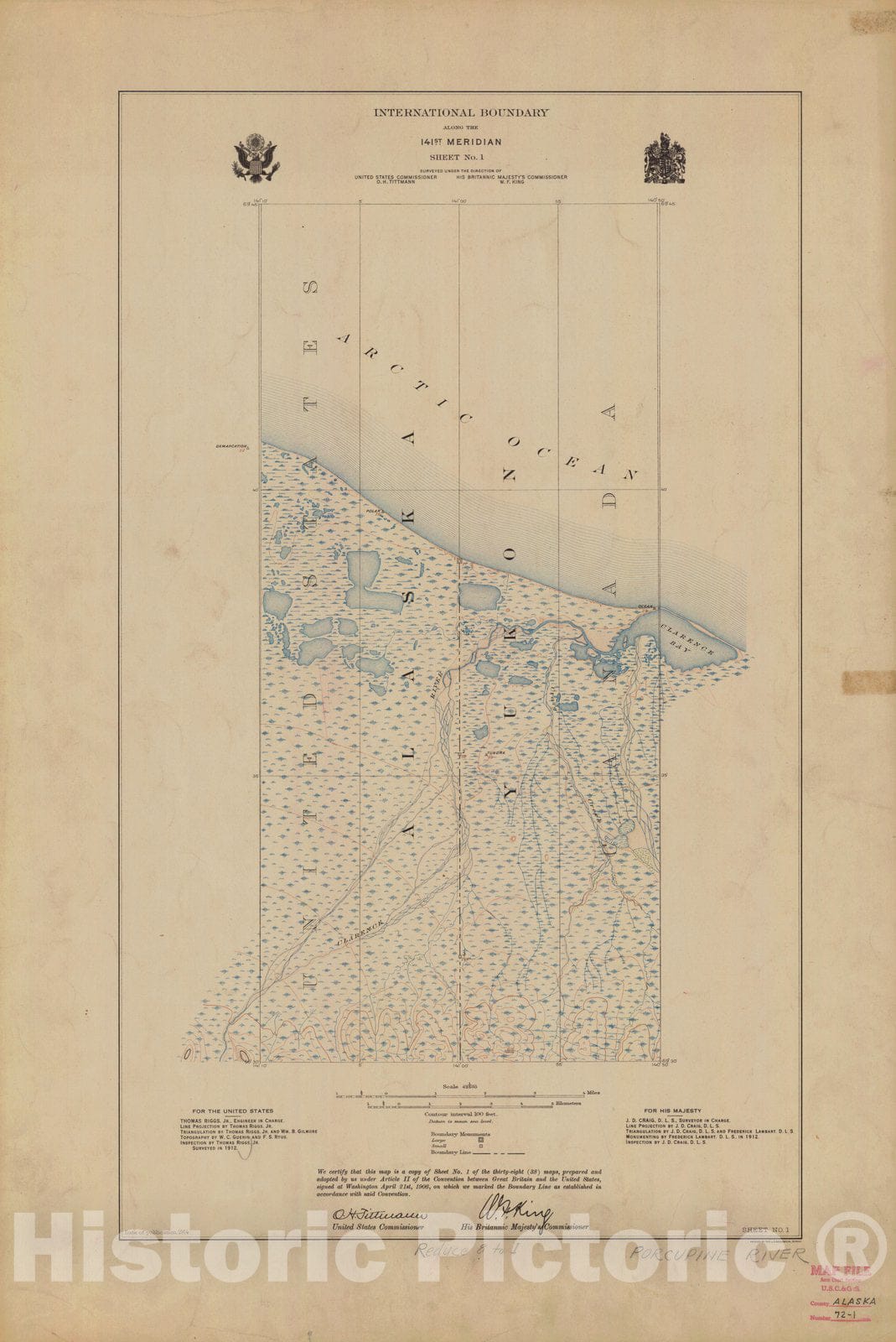 Historic Nautical Map - International Boundary, Along The 141St Meridian, Sheet No. 1, AK, 1914 NOAA Topographic - Vintage Wall Art