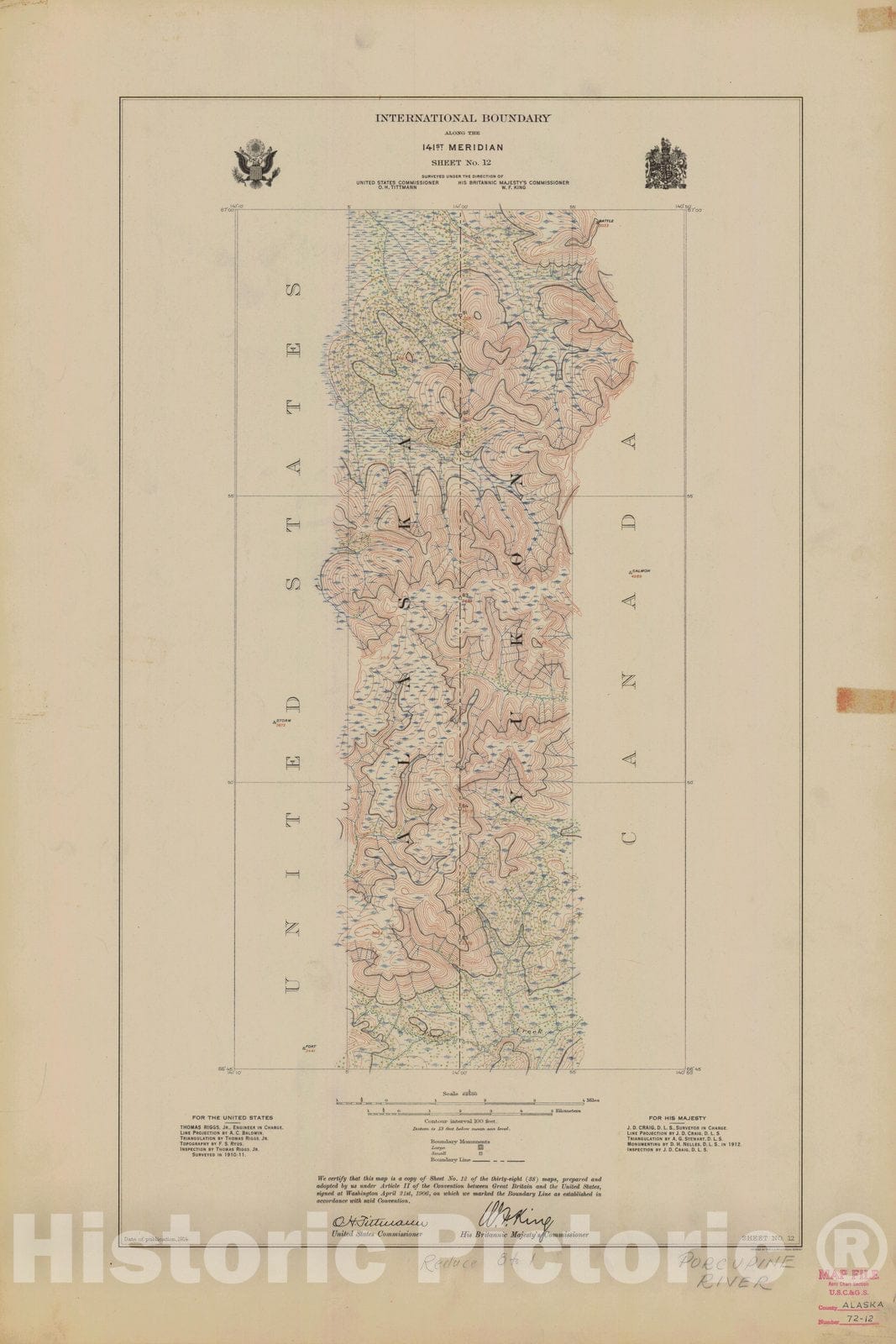 Historic Nautical Map - International Boundary, Along The 141St Meridian, Sheet No. 12, AK, 1914 NOAA Topographic - Vintage Wall Art