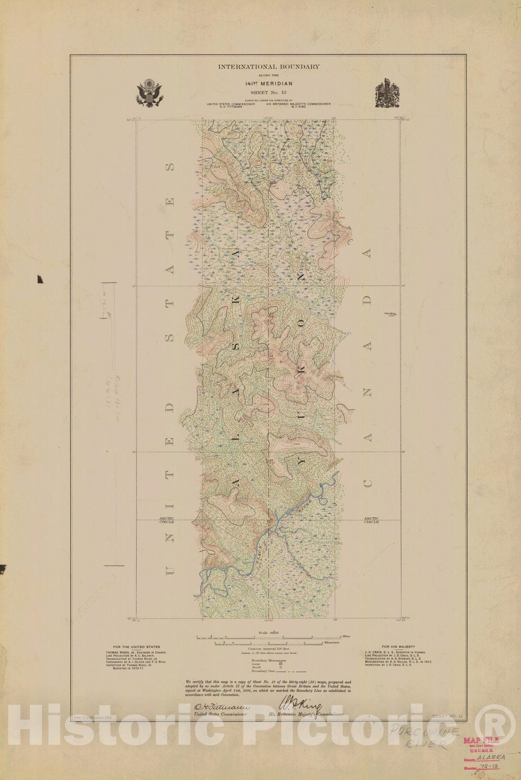 Historic Nautical Map - International Boundary, Along The 141St Meridian, Sheet No. 13, AK, 1914 NOAA Topographic - Vintage Wall Art