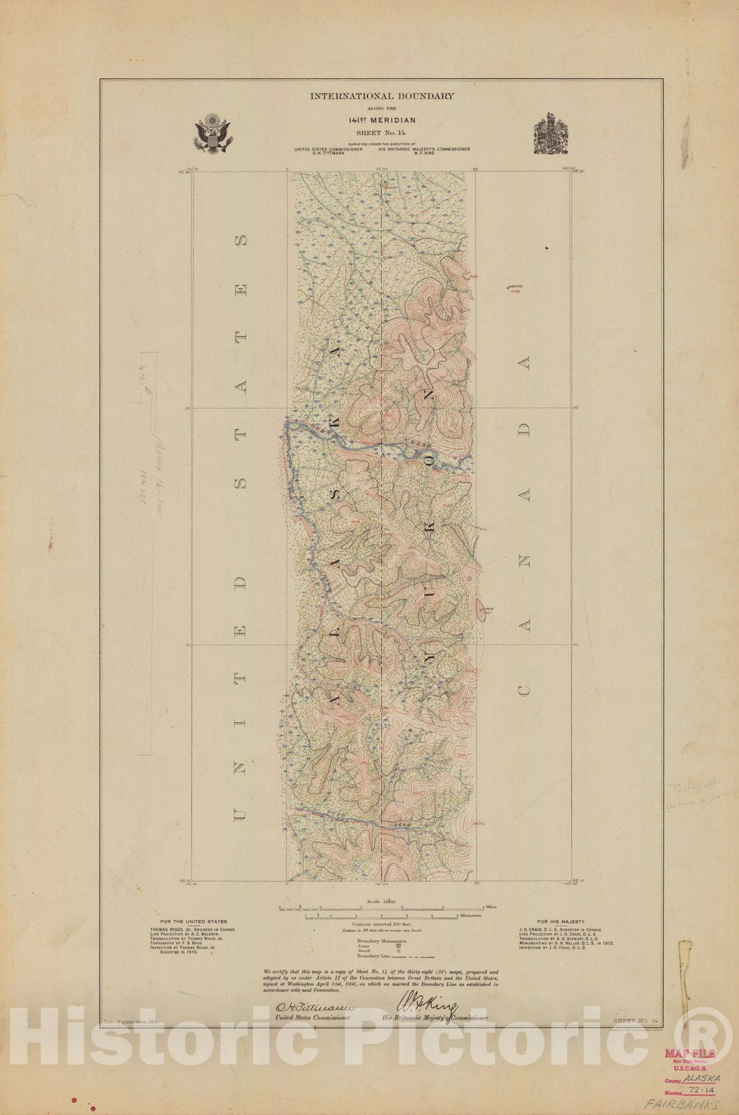 Historic Nautical Map - International Boundary, Along The 141St Meridian, Sheet No. 14, AK, 1914 NOAA Topographic - Vintage Wall Art