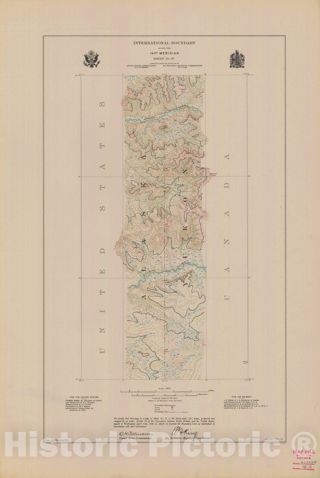 Historic Nautical Map - International Boundary, Along The 141St Meridian, Sheet No. 16, AK, 1914 NOAA Topographic - Vintage Wall Art